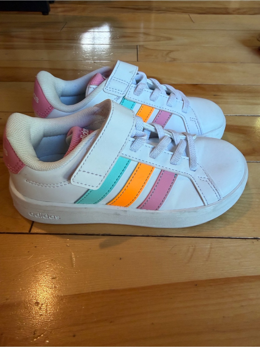 Adidas Kids Grand Court White Sneakers with Pink, Orange & Teal Stripes